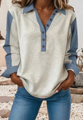Denim patchwork buttoned polo collar top