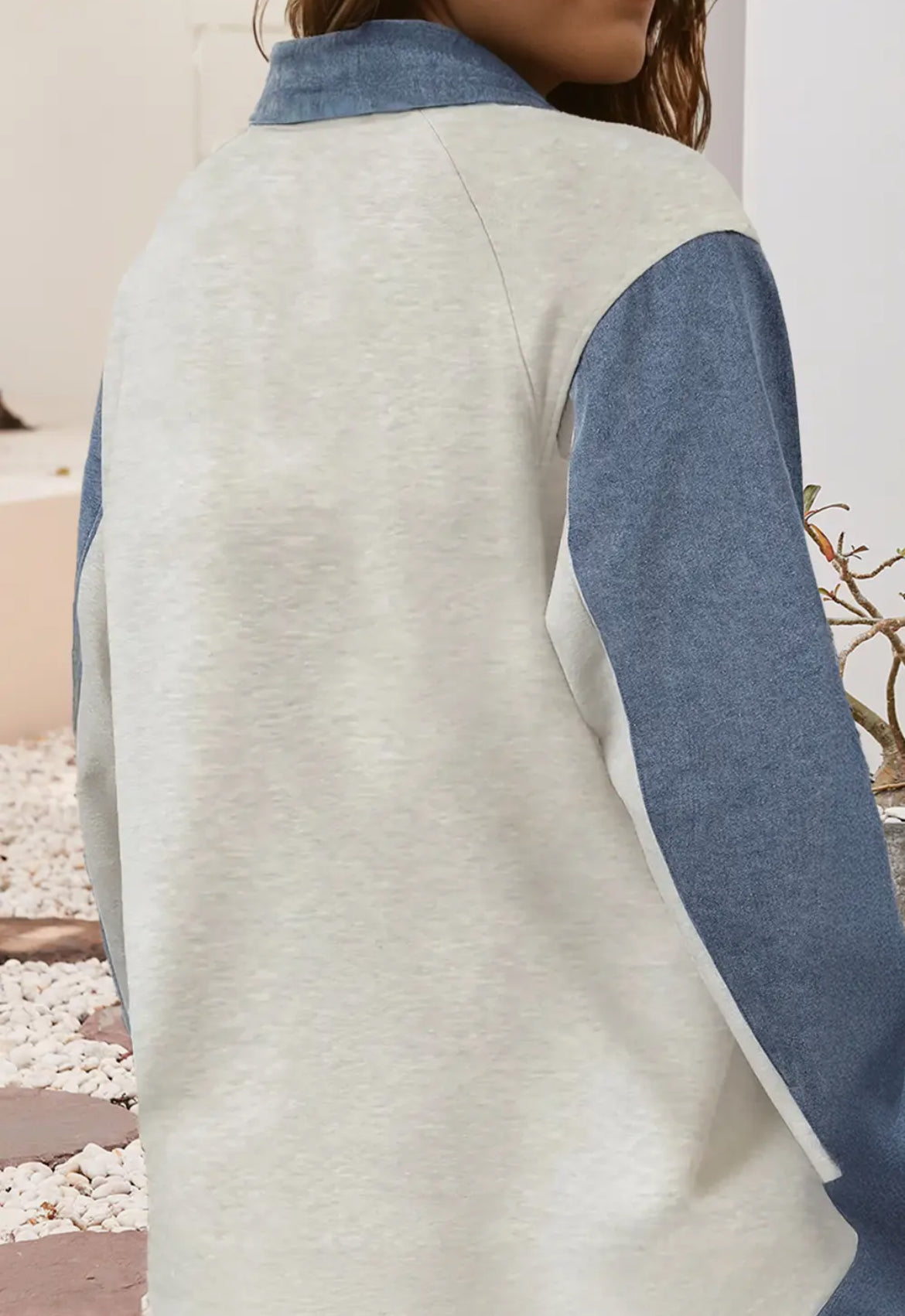 Denim patchwork buttoned polo collar top
