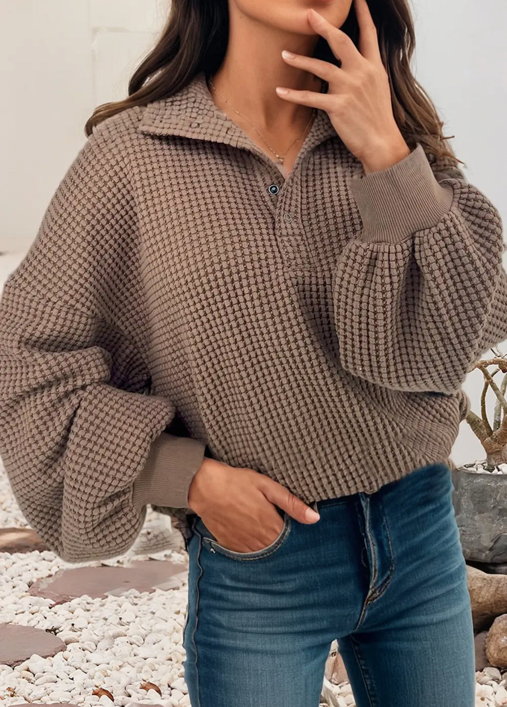 Solid color textured snap button collared baggy top