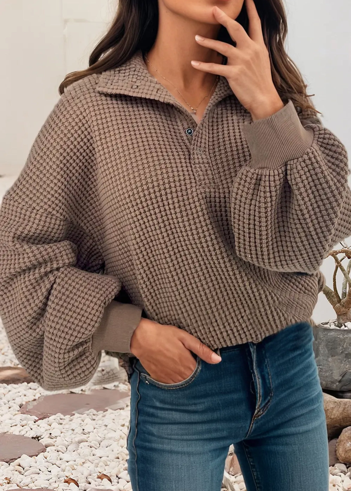 Solid color textured snap button collared baggy top