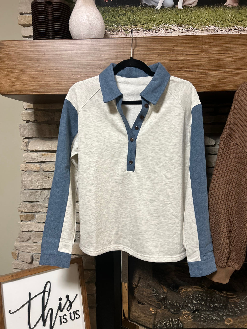 Denim patchwork buttoned polo collar top