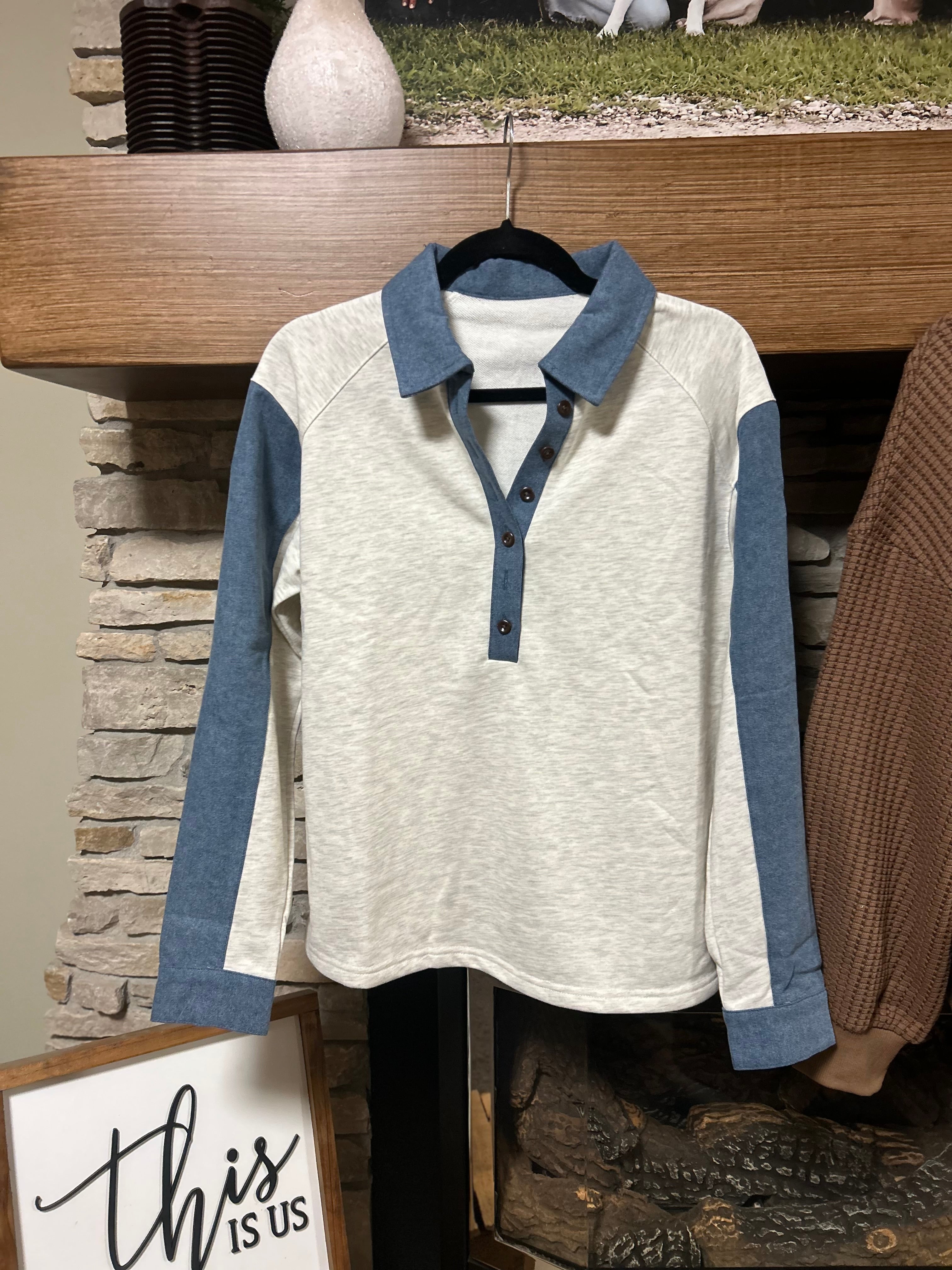 Denim patchwork buttoned polo collar top