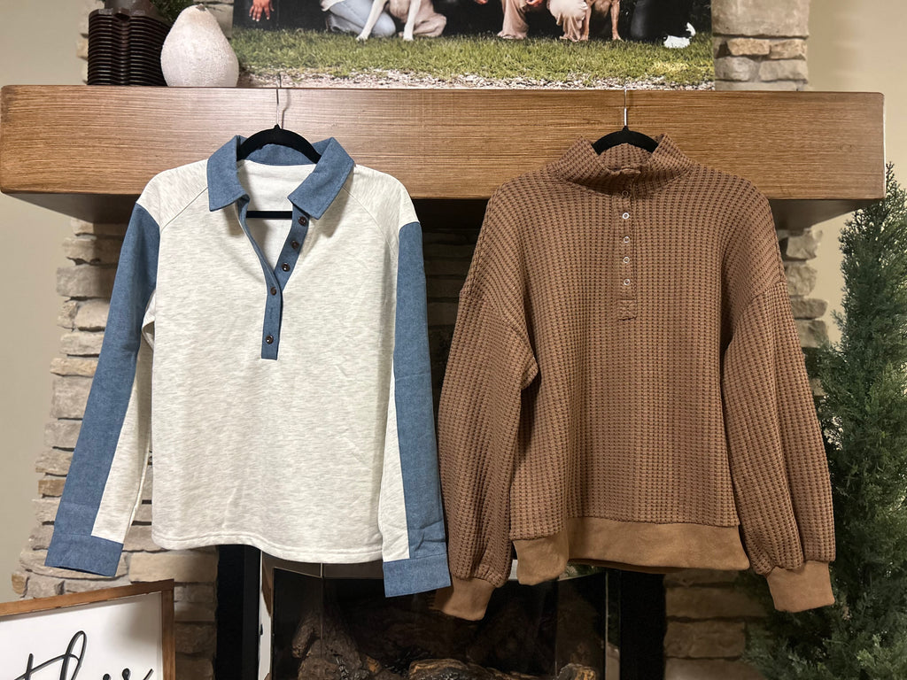 Denim patchwork buttoned polo collar top
