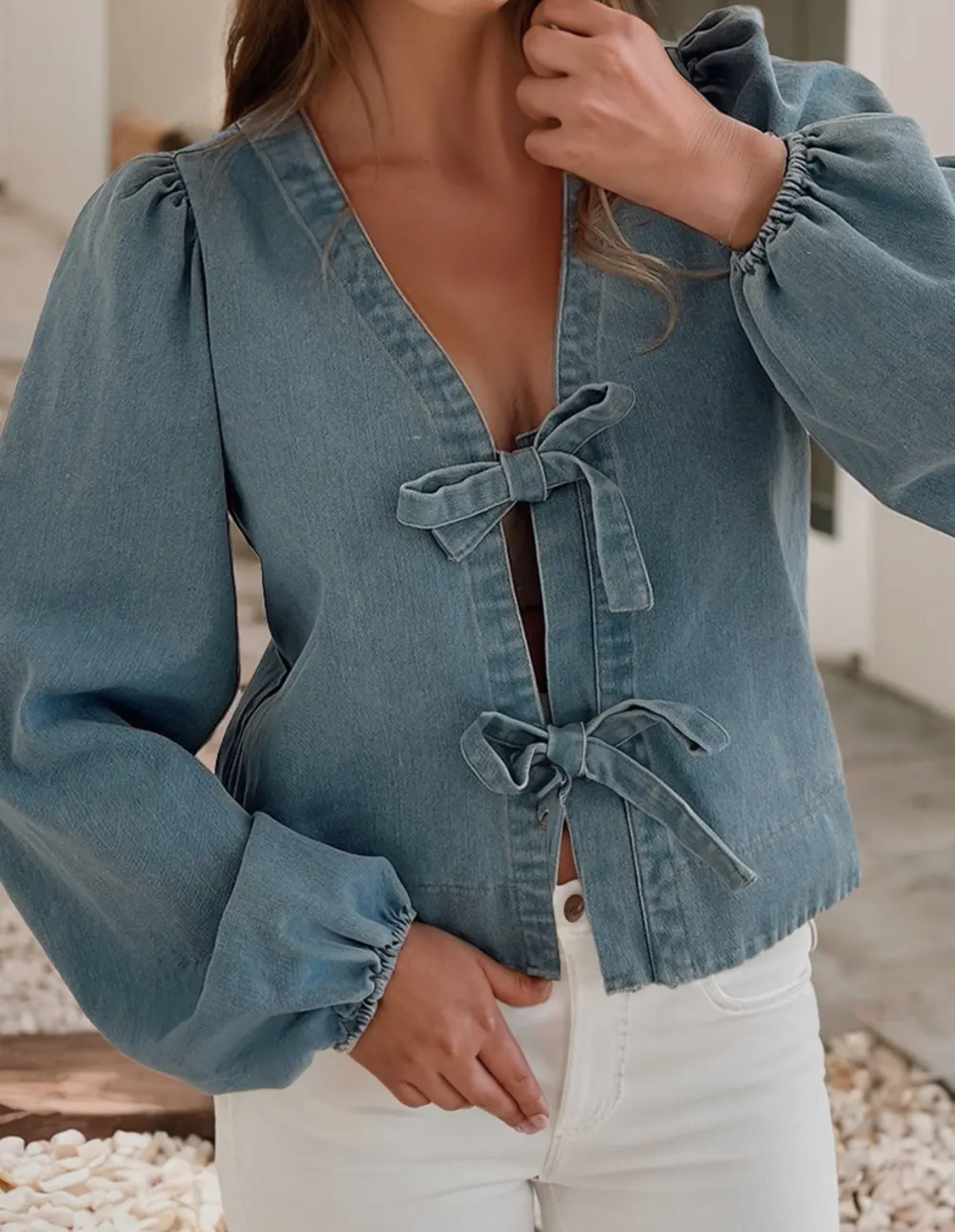 Front Long Puff Sleeve Denim Top